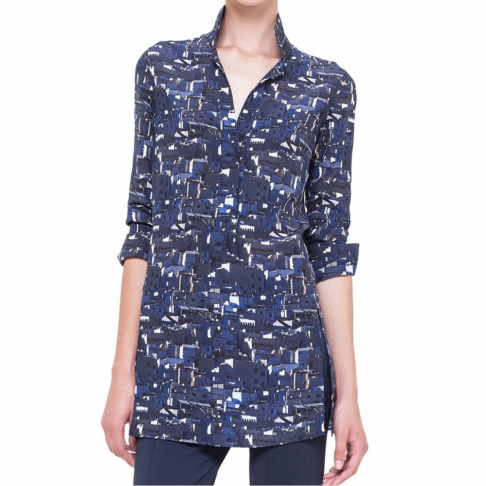 Akris Chefchaouen Print Top Blouse Silk Tunic Navy Blue Building City Geo 14